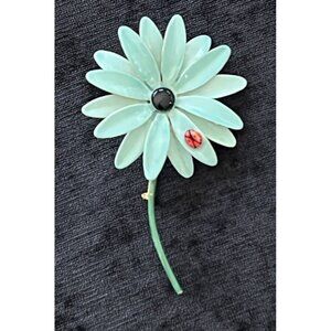 Sandor Flower Enamel Brooch Lady Bug Daisy Large 4” Blue Retro